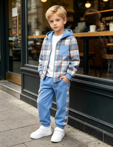 Image of Toddler Boy Clothes Plaid Hooded Shirt White T-shirt Top and Solid Color Pants 3Pcs Winter Boys Clothes