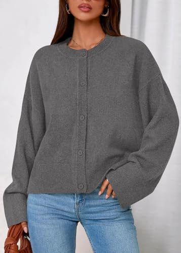 KIRUNDO Cardigan Sweaters for Women 2026 Fall Oversized Drop Shoulder Grey - image 5