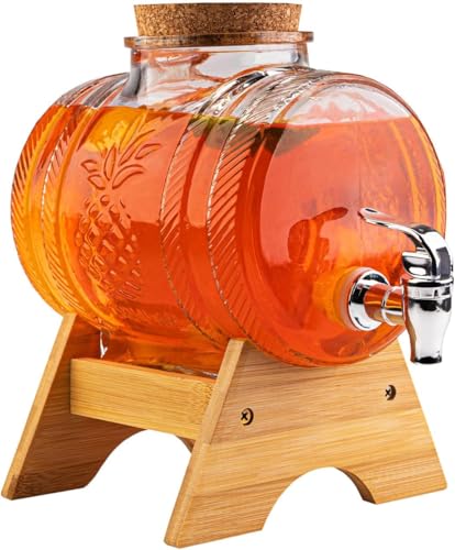 Image of 3 Liter Glass Iced Drink Dispenser with Spout & Tap, Lid & Wooden Stand Cold Beverage Dispenser for Water, Juice,Beer,Cocktails,Home & Restaurant,Office, Bar, Party (VM-06)