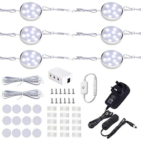 LED Under Cabinet Lighting Fixture,6 Pack Wired Linkable Puck Lights with Touch Dimmer, Plug in Under Counter Lights for Curio Bar, Kitchen, Cupboard, Bookcase, Closet Furniture (6000K Daywhite) Cover