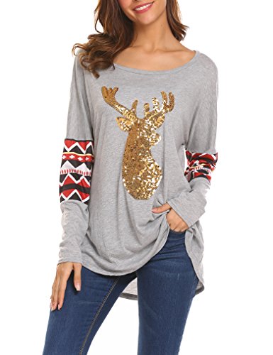 Qearal Women's Ugly Reindeer Print T Shirt Long Sleeve Christmas Blouse Tunic Top Grey