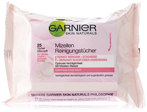 Garnier Mizellen Reinigungstücher, reinigen wirksam und schonend und beruhigen in nur einer Anwendung, für empfindliche Haut, 2er-Pack (2 x 25 Stück)