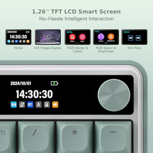 Image of Redragon K761 Wireless Gasket Gaming Keyboard w /Hype Screen & Knob, 104 Keys Mechanical Keyboard, Easy-Control 1.26'' TFT Info Display, 5-Layer Noise Dampening, Custom Linear Switch, Jade Cloud Color