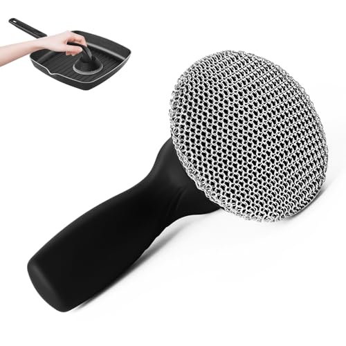 YARVPUV Schrubber für Gusseisenpfanne Hochwertiger Edelstahl Ringreiniger Gusseisen Ringreiniger mit Ergonomischer Silikongriff Kettenbürste für Geschirr Pfannen Grills Grillplatten Töpfe