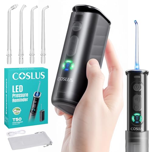 Image of COSLUS T50 Portable Water Dental Flosser for Travel with Screen Display | Mini Cordless Pick with Pressure Indicator Light, 9-Level for Braces, Gum Care, Rechargeable On-the-Go, 240ml, IPX7, Black