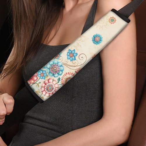 Image of AFPANQZ Boho Flowers 2 Pack Car Seat Belt Covers for Adults Safety Seatbelt Pad Cushion Adjustable Universal for Most Car Laptop Backpack Luggage Bag Straps Pads