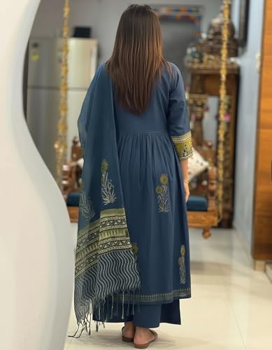 Image of ANNI Designer Women Printed Gathered Kurta Palazzo Dupatta Set Viscose Blend Kurti Suit Ladies Ethnic Wear for Festive Office Casual Use
