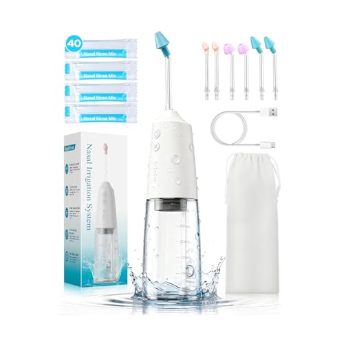 Nasal Irrigation System with 40 Saline Packets, 15s Quick Relief, 4 Speeds, 1000mah USB-C Charging,