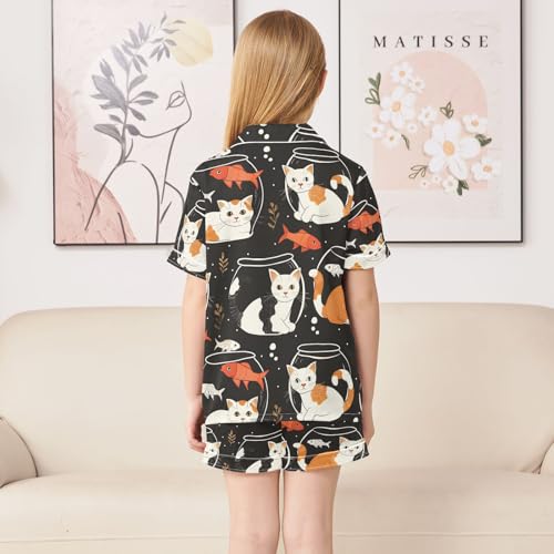 ALAZA Cat Kitten Fish Black Pajamas Satin Pajama Set Short Sleeve Button Down Sleepwear4