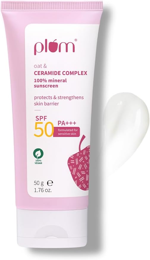 Plum Oat & Ceramide Complex100% Mineral Sunscreen | SPF 50 PA+++ | For Sensitive Skin | Strengthens Skin Barrier | Sun Protection From UVA/B Rays | Lightweight, Non-Oily | Men & Women | 50g