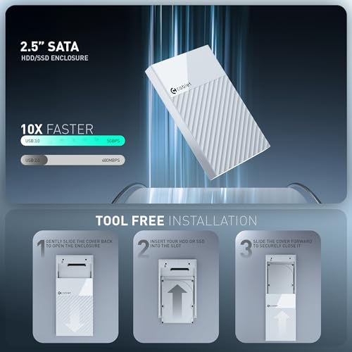 Image of Cablet 2.5 Inch SATA USB 3.0 HDD /SSD Portable External Enclosure for 7mm and 9.5mm, Tool-Free Design, Supports UASP Max 6TB (HD2577-U3-WH)