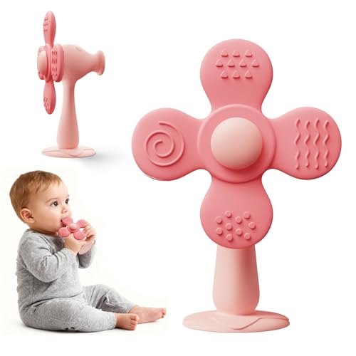 Image of Windmill Baby Teething Toys, 2-in-1 Silicone Teether & Montessori Sensory Rattle Toy, BPA-Free Food Grade Baby Teether, 6-12 12-18 Toddler Boy Girl Essentials for Teething Relief, Pink