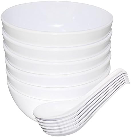 Chef Miso Set of Six Large Melamine Plastic Soup Bowls and Spoons White 24 Ounce