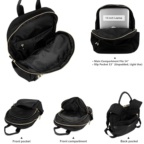 Medium Backpack Purse for Women, Fashion Nylon Daypack with Gold Hardware, Lightweight Water-Resistant Rucksack for College, Work, Travel, Everyday Use, Fits 13–14" Laptop (Black, Medium)4