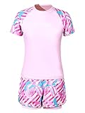 CHICTRY Kinder Mädchen Badeanzug Set Kurzarm Schwimmshirt High Waist Badeshorts Motiv Patchwork Badebekleidung Uv Strandanzug Rosa 146-152