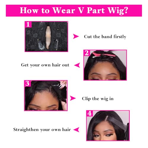 V Part Wigs Human Hair Straight Minimal/No Leave Out Upgrade U Part Wig for Black Women 200% Density V Shape Wig Clip in Half Wig No Lace No Glue No Sew Natural Black 22 Inch - Image 5