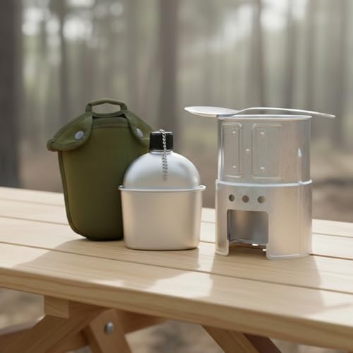 Vistnale Cantimplora Militar Kit, Metal de Aluminio 850ml con Taza y Estufa, Set Completo de Cantimploras para Camping, Senderismo y Aventuras al Aire Libre miniatura 6