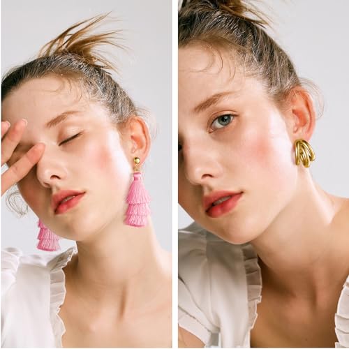 Earrings Set for Women, Funtopia Fashion Tassel Earrings Acrylic Hoop Stud Drop Dangle Earrings for Birthday Party, Assorted Styles and Colors 7