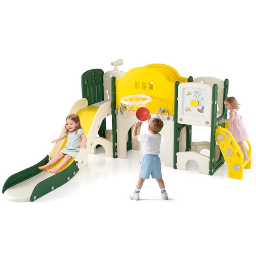 COSTWAY 10 en 1 Toboggan Enfant en HDPE avec Panier de Basket, Télescope, Tableau Magnétique, Aire de Jeux Intérieure avec Allée et Échelle, Rangement et Accessoires pour Tout-Petits de 3+ Ans