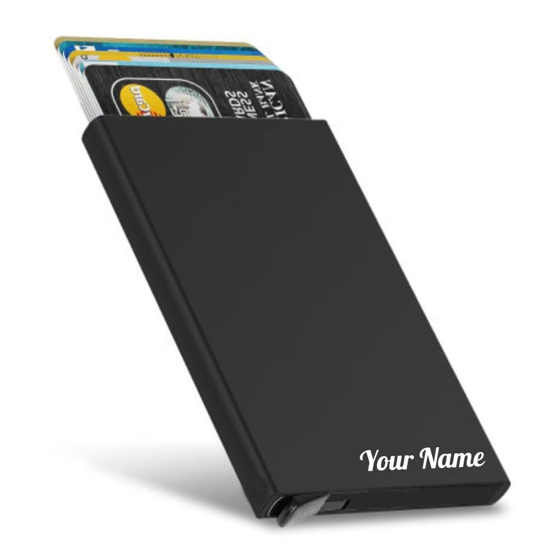 Felstar Customized/Personalized with Name Engraved Metal RFID Protected Pop Up Credit Debit ATM Card Holder for Men Women Corporate Gift for Employees Black-image-43