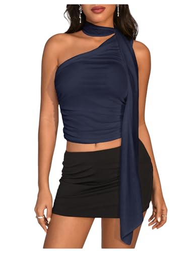 Image of RoseSeek Women's Y2K Leopard Polka Dots Halter Asymmetrical Neck Crop Tops | One Shoulder, Slim Fit, Sleeveless, Cheetah Print, Summer Tops, Scarf Tops, Party, Going Out Tops