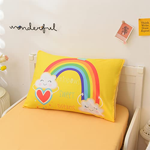 A Nice Night Bedding 4 Piece Cartoon Rainbow Toddler Bedding Set With Cloud Printed For Boys Girls Bed Comforter Sheet Set,Yellow #TOP4