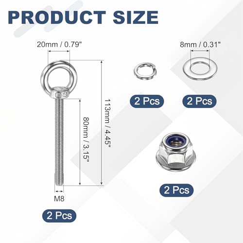 Image of PATIKIL M8 x 80mm Shoulder Eye Bolt, 2 Pcs 304 Stainless Steel Lifting Ring Threaded Eye Bolt with Flange Lock Nuts Spring and Flat Washers for Hanging Tie Down Straps Outdoor Indoor