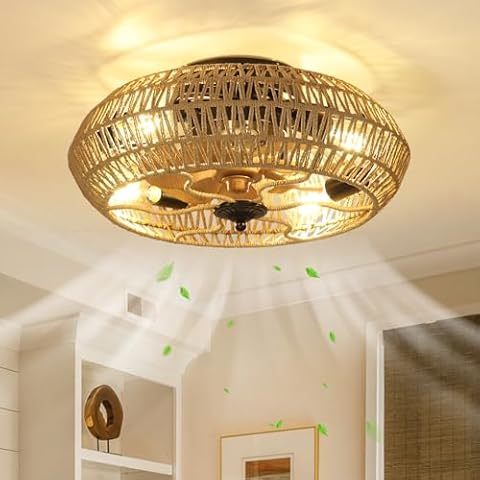 Flush Mount Ceiling Fans with Lights and Remote, Rattan Low Profile Ceiling Fan with Light, Farmhouse Boho Ceiling Fan w/Reversible Blades/6 Speeds/Timing for Bedroom Living Room Kitchen Dining Room Cover