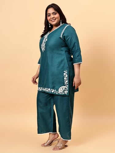 Image of Bani Women Emroidered Kurta Set Co-Ord Set Plus Size Top and Trouser Set 2 Piece Outfit, 3 /4 Sleeves Embroided V Neck, Coord Sets for Women| Western Dress, Stylish Design for All Occasions