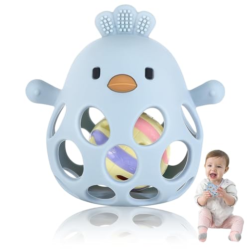 Image of Baby Teething Chick Toy, Upgraded Easy Grasp Silicone Teething Rattle Ball Toy for Babies Over 3 Months, 100% Food Grade, Gift for Infant Boys and Girls 0-6-12 Months (Blue)