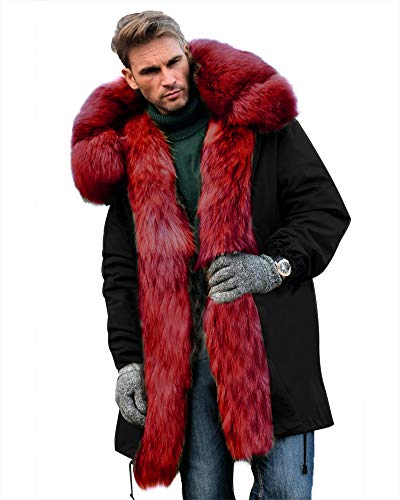 Roiii Mens Winter Warm Thick Faux Fur Waterproof Outdoor Hood Parka Long Trench