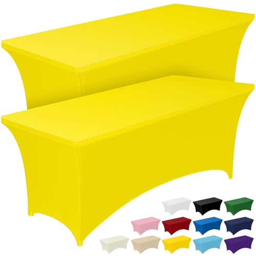 Image of Pureegg Spandex Tablecloth 6ft - 2 Pack, Fitted and Tight Cloth for Rectangle Table, Wrinkle-Free and Stretch Table Cover for Party, Wedding, Banquet and Birthday, Yellow