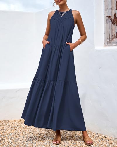 Image of BTFBM Halter Summer Dresses for Women 2026 Casual Spring Hollow Out Sleeveless Boho Sundresses Beach Vacation Maxi Dress