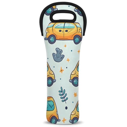 Neoprene Wine Tote Carrier Bag for Wine,Water, Champagne, Beer, Baby Bottles 15.6 x 5.1 Inches, Protective Wine Bag,Yellow Cars