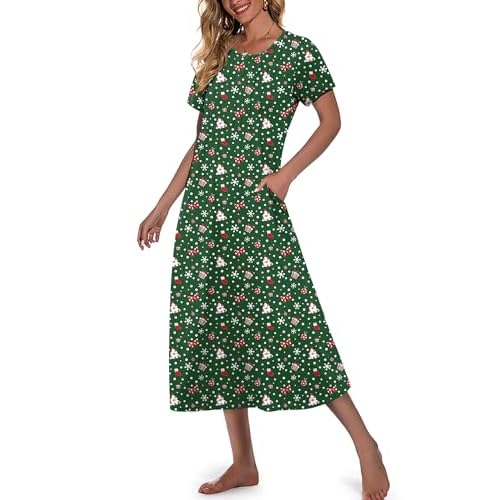 Marvmys Womens Long Cotton Nightgown Short Sleeve Nightshirt O Neck Sleepwear Full Length Sleepshirt with Pockets S-3XL Christmas Green Small