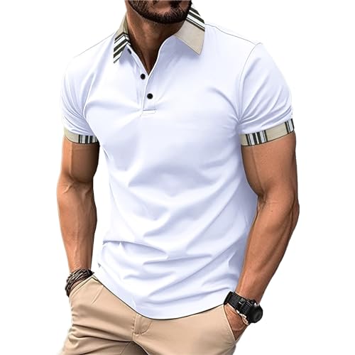 Polo de algodón ligero con botones para hombre, de manga corta, ajuste regular, color liso, blanco, 3XL