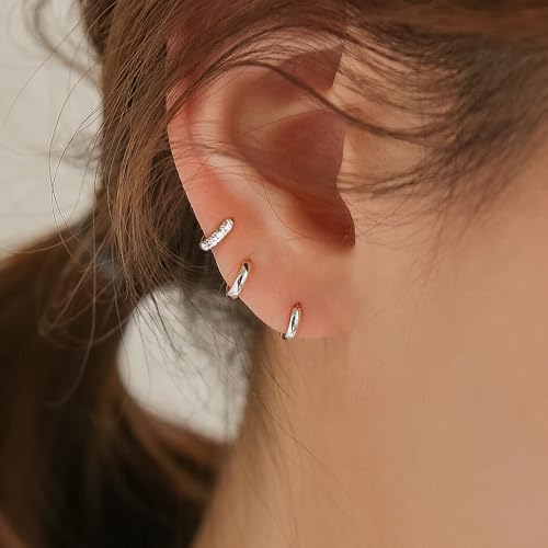 Image of Small Gold Huggie Hoop Earrings Set for Women Men Hypoallergenic 14K Plated Stack Cartilage Earrings, Sterling Silver Multiple Piercing Lightweight Mini Thin Cute Dainty Trendy Jewelry Gifts for Women