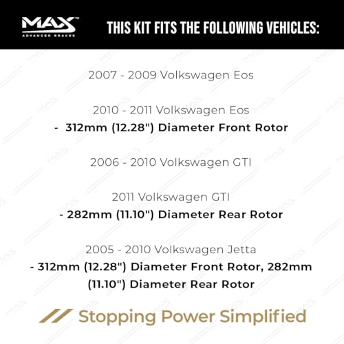 Image of Max Advanced Brakes Front & Rear Brake Kit Compatible With 2005-2010 VW Jetta Passat Eos GTI CC w /11.10 inch Rear Rotor Replacement Premium OE Disc Brake Rotors and Ceramic Brake Pads