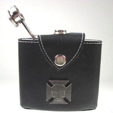 5 Oz. Black Leather Flask Stainless Steel Choppers with Holder, Skull
