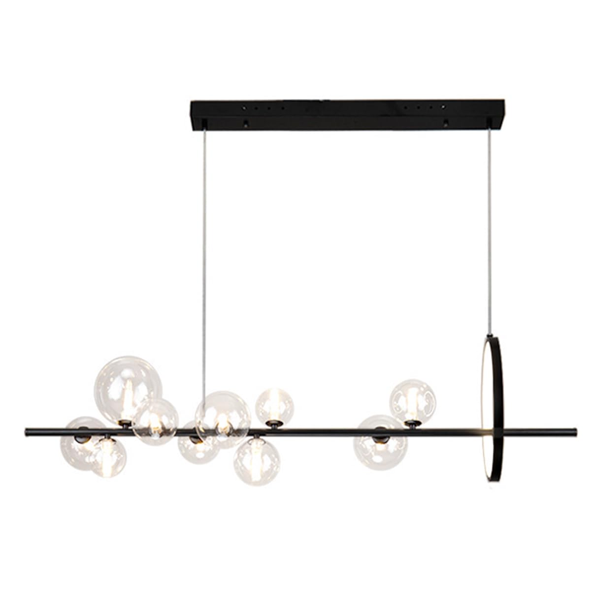 Nowoczesna lampa wisząca LED z 6 światłami, czarna liniowa lampa do kuchni lub salonu, przezroczysta szklana kula.