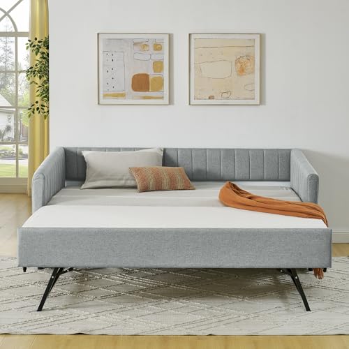 KEIKI Twin Size Upholstery Daybed with Erectable Trundle and Vertical Stripes, Twin to King Design Extendable Linen Sofa Bed, Easy Assembly, No Box Spring Required, for Living Room and Bedroom, Grey
