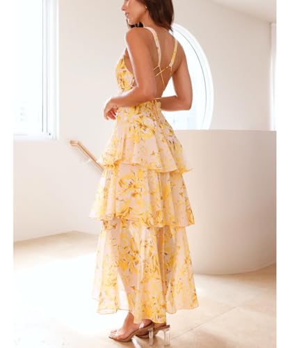 Women's Sexy Deep V Neck Maxi Dress Floral Backless Ruffles Hem Cocktail Party Long Dresses4