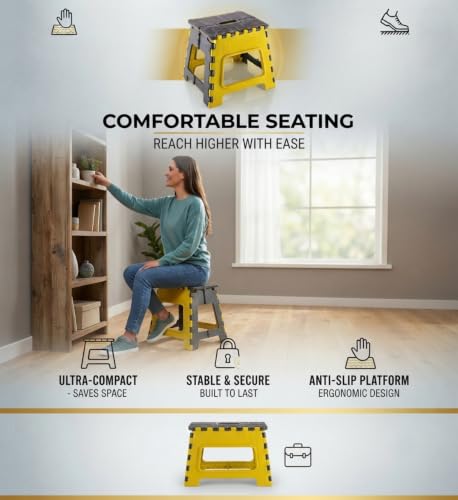 Image of 12 Inch Portable Plastic Folding Step Stool | 90kg Capacity | Anti-Slip Rubber Feet | Safe for Kids & Adults | Lightweight | Kitchen Bathroom Travel Garden Stool (Multi, Pack of 1)
