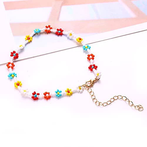 Image of Beaded Anklets for Women Boho Cute Daisy Flower Bead Ankle Bracelets Handmade Waterproof Surfer Anklet Summer Beach Foot Jewelry for Women