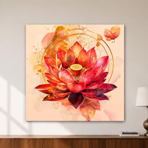Image of PAINTINGMANTRA Vastu Lotus Flower Stretched Canvas Painting for Living Room | Floral Canvas Artwork Wall Decor Art For Livingroom, Bedroom, Office, Hallways - 34x34 Inch