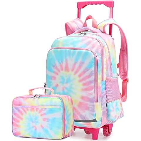 CAMTOP Rolling Backpack With Matching Lunch Bag Girls Boys Roller Bag on Wheels Kids School Bookbags Wheeled Backpack Set, Tie Dye Pink, Kids Backpack With Wheel for Girls Cover