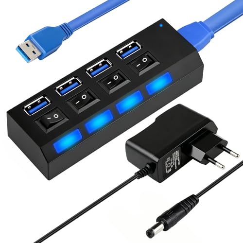 Hub USB 3.0 Alimentado, 4 Puertos USB Hub con Interruptores LED Individuales, Concentrador USB3.0 con Alimentador para PC Portátil Ratón y Teclado, Adaptador de Corriente de 5V/2A Incluido