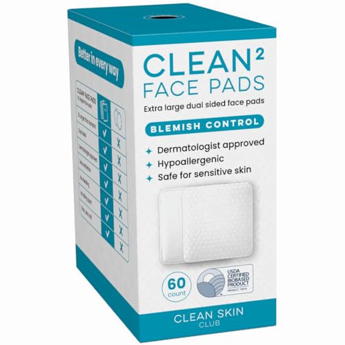 Clean Skin Club Clean² Blemish Control Face Pads – Extra Large Dual-Sided Face Pads for Blemish-Prone Skin, 100% Bio-Based, Dermatologist Approved, 60 Count
