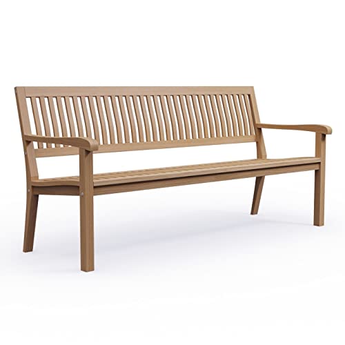 KMH Banc de jardin LEA 4 places avec assise de 180 cm avec accoudoirs résistant aux intempéries en bois de teck véritable, banc moderne en bois pour jardin, balcon, parc et terrasse – Banc de parking massif et résistant
