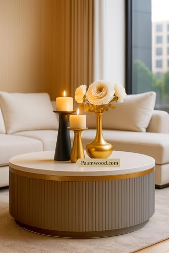 Image of Modern Round Centre Table - 76x76x46 cm | White Marble Top with Gold Accent Strip & Charcoal Louvers | Luxury Coffee & Tea Table for Living Room, Lounge & Entryway (Grey)